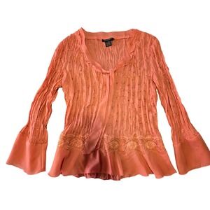 Y2K Sheer Crinkle Floral Blouse Dusty Rose Bell Sleeves Medium